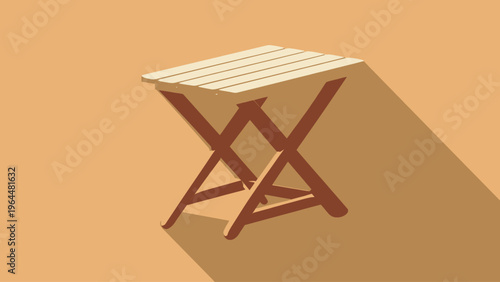 A simple wooden folding stool casting a long shadow on a warm-toned background