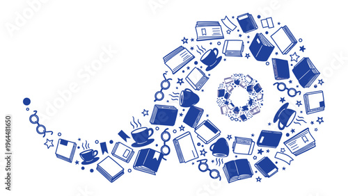 Whimsical Bookish Collage: A dreamy, swirling arrangement of books, spectacles, and other literary elements, evokes a sense of imagination and learning.