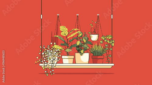 Vector illustration of diverse potted indoor plants on a hanging shelf, set against a striking red background, ideal for modern green home decor