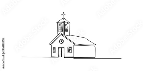 A simple black and white line drawing of a small christian church building with a steeple cross Vector, illustration
