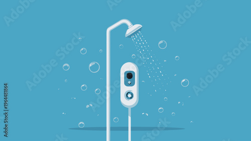 Stylized Flat Vector Graphic of a Modern Electric Shower System with Water Droplets and Soap Bubbles for Bathroom Hygiene