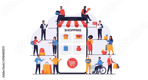 Mobile Online Shopping App Experience with Diverse Customers. E-commerce Platform for Digital Purchases, Delivery, and Customer Interaction.