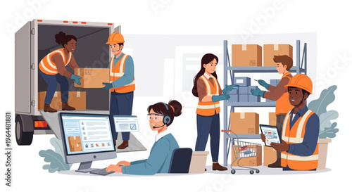 Logistics and Supply Chain Management Illustration: Diverse Team Handling Warehouse Operations, Delivery, and Customer Support
