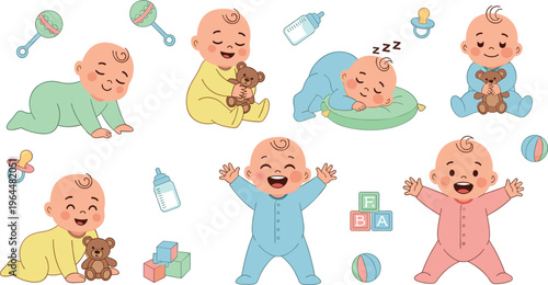 Cute Baby Activities Illustration Set with Crawling, Sleeping, Crying, Playing, and Sitting Infants, Adorable Cartoon Characters with Toys and Childcare Elements