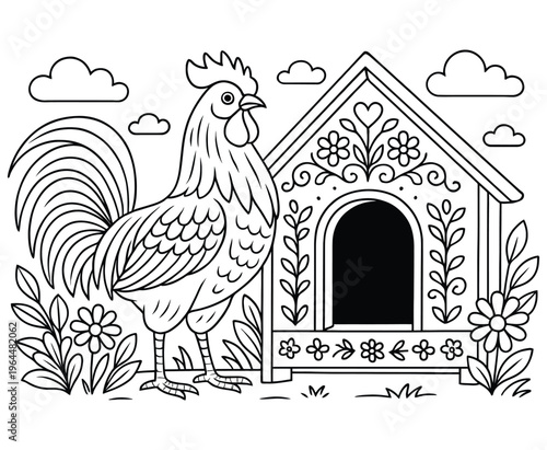 Rooster standing by decorated hen house coloring page with flowers and clouds background.
