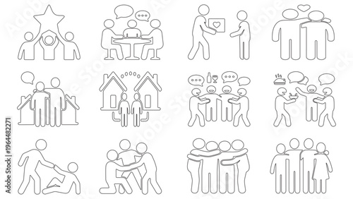 Community and Social Connection Line Icon Set. Diverse People Interaction, Charity, Partnership, and Teamwork Vector Illustrations.