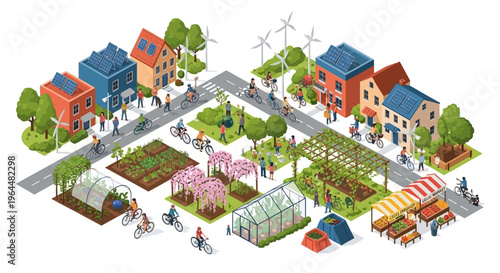 Isometric illustration of a sustainable eco village in spring with solar panels, gardens, trees, and a community market, showcasing a green neighborhood