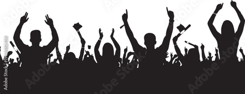 Black silhouettes, cheering crowd, raised hands, vector people, festival audience