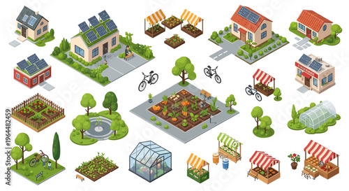 Isometric illustration of a sustainable eco village in spring with solar panels, gardens, trees, and a community market