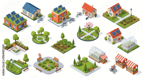 Isometric illustration of a sustainable eco village in spring with solar panels, gardens, trees, bikes, and a community market, showcasing a green neighborhood design concept for ESG visuals