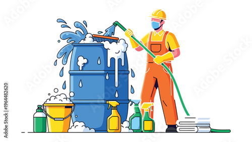 Industrial Sanitation: A worker in protective gear diligently cleans a large barrel with industrial-grade equipment, highlighting the importance of sanitation and hygiene in an industrial environment.