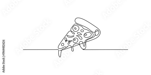 Minimalist continuous line drawing of a single slice of cheesy pepperoni pizza on a plain white Vector, illustration