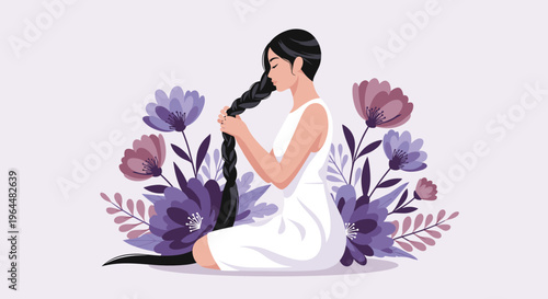 Woman braiding long black hair sitting with floral background