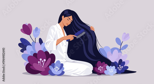 Woman combing very long black hair with flowers on purple background