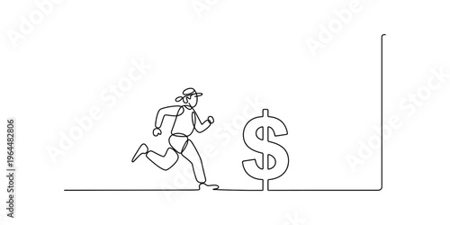 A single continuous line drawing of a person running toward a large dollar sign symbol on ground Vector, illustration