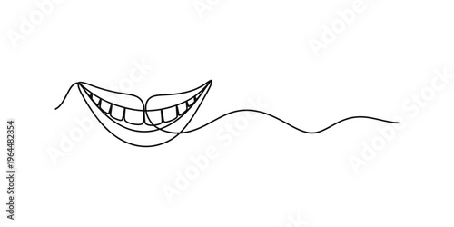 A minimalist single line drawing illustration of a wide human smile with visible white teeth Vector, illustration