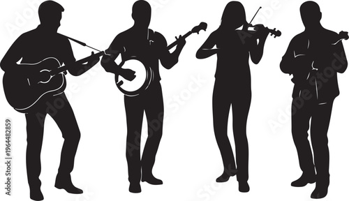 Musician silhouettes, band icons, guitar, banjo, violin, musical vector illustrations