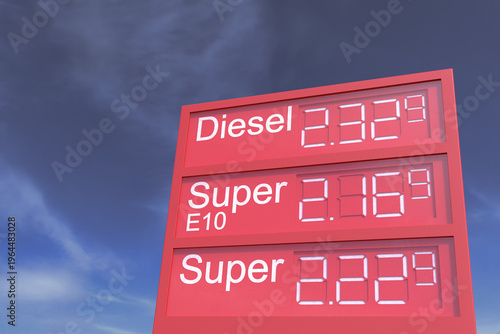 3d Illustation - Tankstellenanzeigetafel - Spritpreise - Teuer - Sprit - Benzin - Diesel