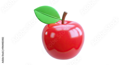 3D Rendered Red Apple with Green Leaf