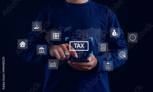 Businessman using smartphone with digital tax interface, financial technology, online payment, accounting analytics, global economy, budgeting, and fintech data management concept