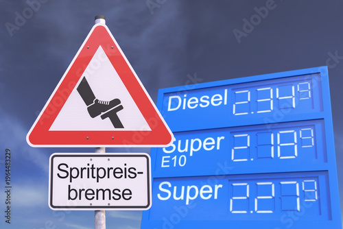 3d Illustation - Verkehrsschild - Tankstelle - Achtung - Spritpreisbremse