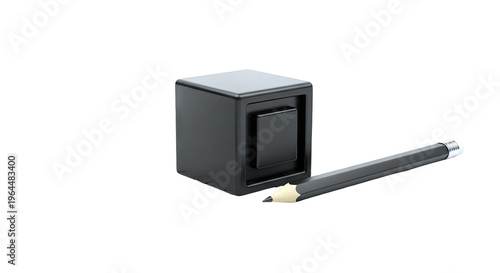 Black Pencil and Square Object on White Background