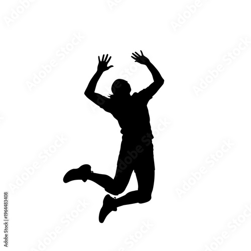 Silhouette of a person jumping with arms raised in the air.
