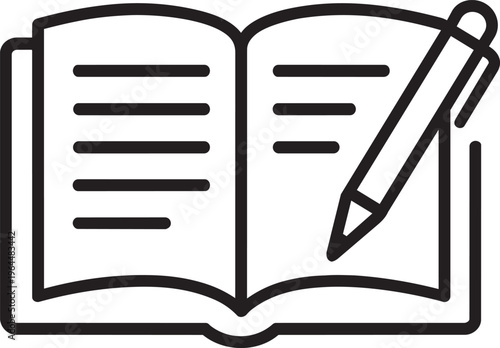 Open textbook with text pages and pen outline icon for copywriter content creation vector illustration editable stroke