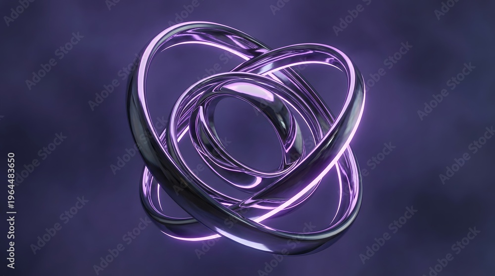 Fototapeta premium An intricate metallic knot sculpture with luminous purple neon light edges set against a dark blurred background 3D render