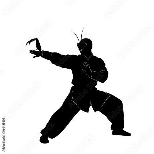 Silhouette of a Praying Mantis Kung Fu Master in Action.