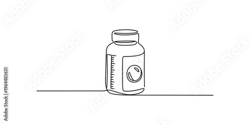A single continuous line drawing of a medicine bottle with a label and a measuring scale on side Vector, illustration