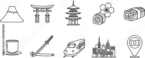 Japanese culture line icon set featuring Mount Fuji, Torii gate, pagoda, sushi, cherry blossom, tea cup, katana, bullet train, Tokyo skyline, and location pin.
