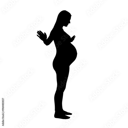 Silhouette of a Pregnant Woman Standing Sideways with Hands Raised.