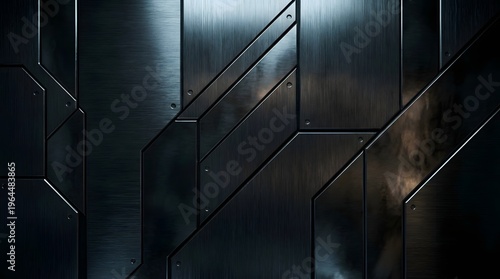 A dark brushed metallic surface composed of geometric panels and angular lines offering a futuristic industrial backdrop