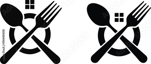 Crossed spoon and fork with plate and window icon set representing catering services and restaurant branding design elements.