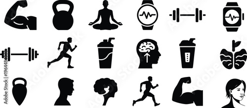 Collection of gym fitness and healthy lifestyle silhouette icons set vector illustration isolated on white background