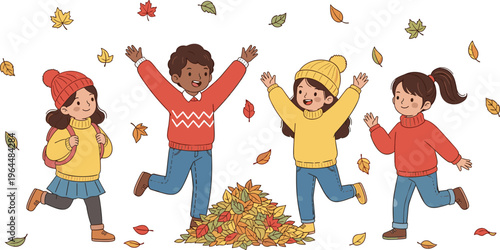 Happy children playing in a pile of falling autumn leaves wearing sweaters and hats to celebrate the fall season in a cute illustration.