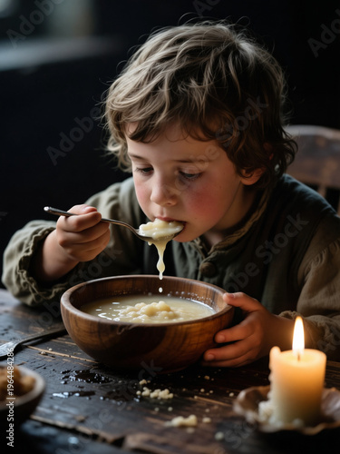 19th century poor child eating meal, watery gruel in wooden bowl, rough texture, dark rustic table, candle light - generative ai