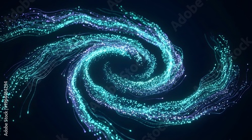 Abstract swirling vortex of luminous blue and cyan particles creating a dynamic cosmic flow on a dark background