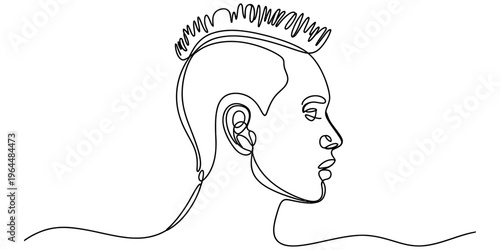 Minimalist continuous single line drawing of a person featuring a stylish mohawk hairstyle profile