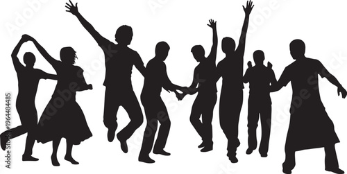 Black silhouettes, dancing people, joyful figures, vector illustrations, party crowd, celebration icons