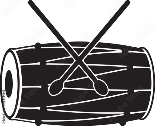 Black drum icon, drumstick symbol, music instrument vector, rhythmic beat graphic