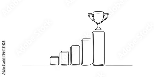 A single continuous line drawing of a growth bar chart leading up to a winning trophy award icon Vector, illustration