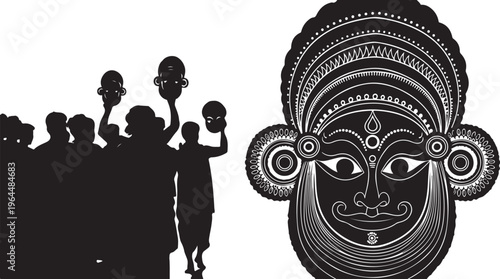 Traditional Indian Kathakali Dance Masks, Black Silhouette Vector Illustration, Cultural Performance Art