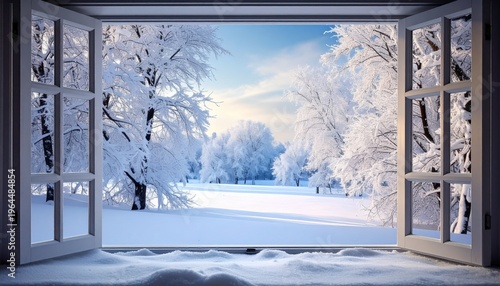 Winter Wonderland View Through Open Window - A Snowy Landscape.
