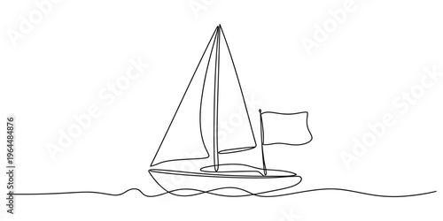 Minimalist single continuous line drawing of a sailboat sailing peacefully on the open ocean sea