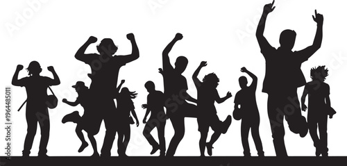 Black silhouettes, happy people, dancing crowd, joyful figures, vector icons