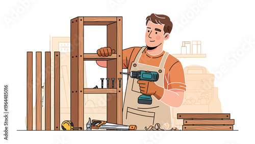 Crafting Comfort: A craftsman meticulously constructs a wooden shelf unit, showcasing skill and precision in the art of home improvement. 