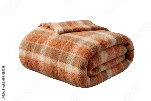 Folded soft plaid fleece blanket in orange, beige, and white checkered pattern providing warmth and comfort on transparent background