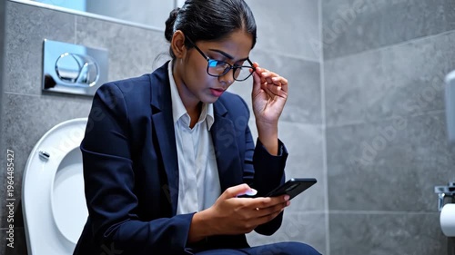 Frustrated businesswoman checking phone while sitting on the toilet in a blue suit, office chaos